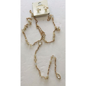 Arcoba Necklace Earrings Set White Clear Faceted Bead Drop Gold Tone NEW